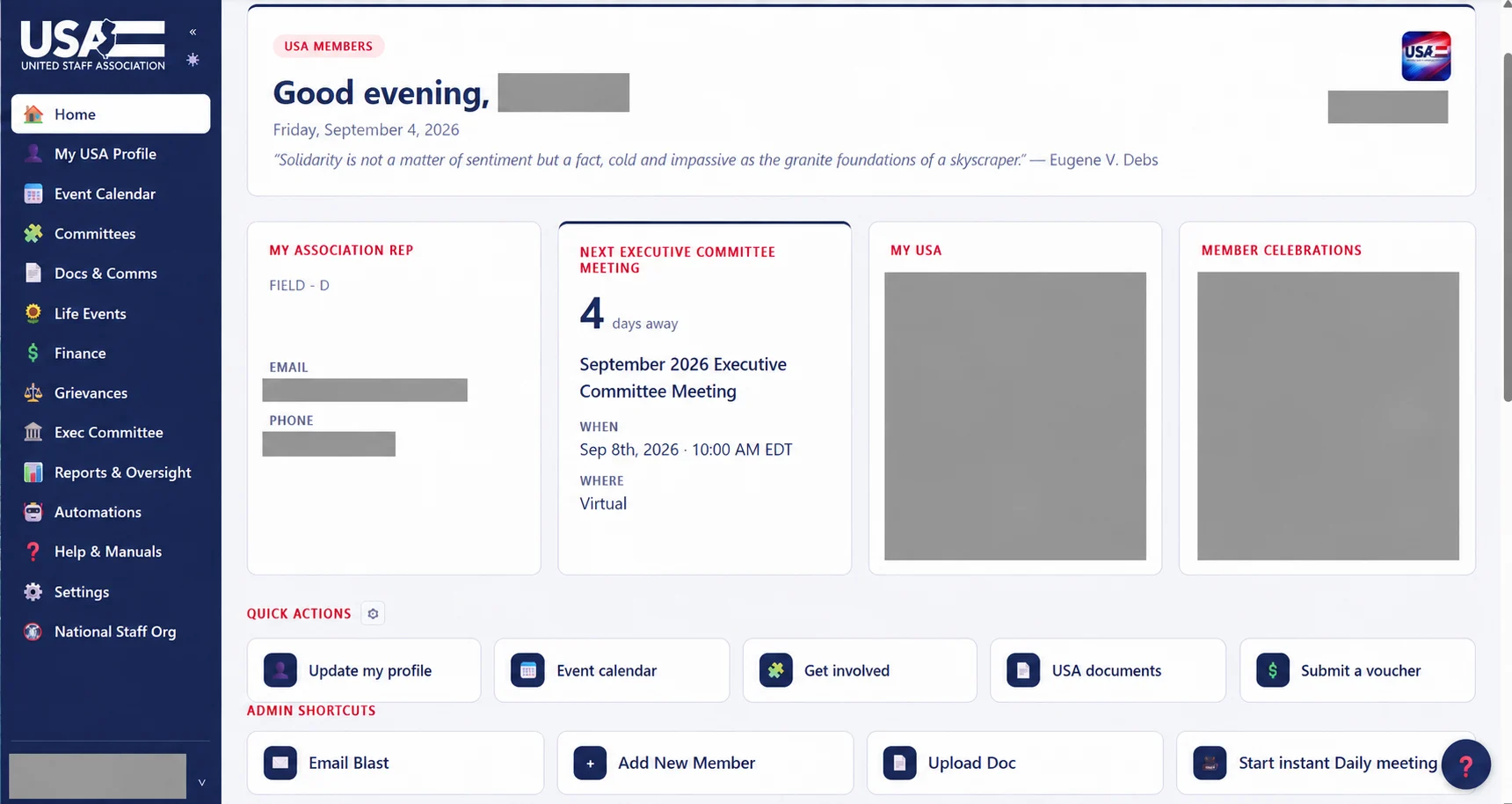 USA member dashboard, with account identity, representative contacts and personal dashboard panels redacted.