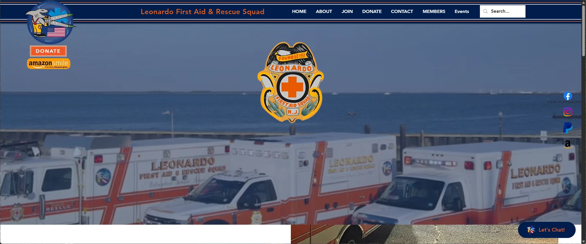 Leonardo First Aid and Rescue Squad website with ambulance photography, navigation and volunteer and donation links.
