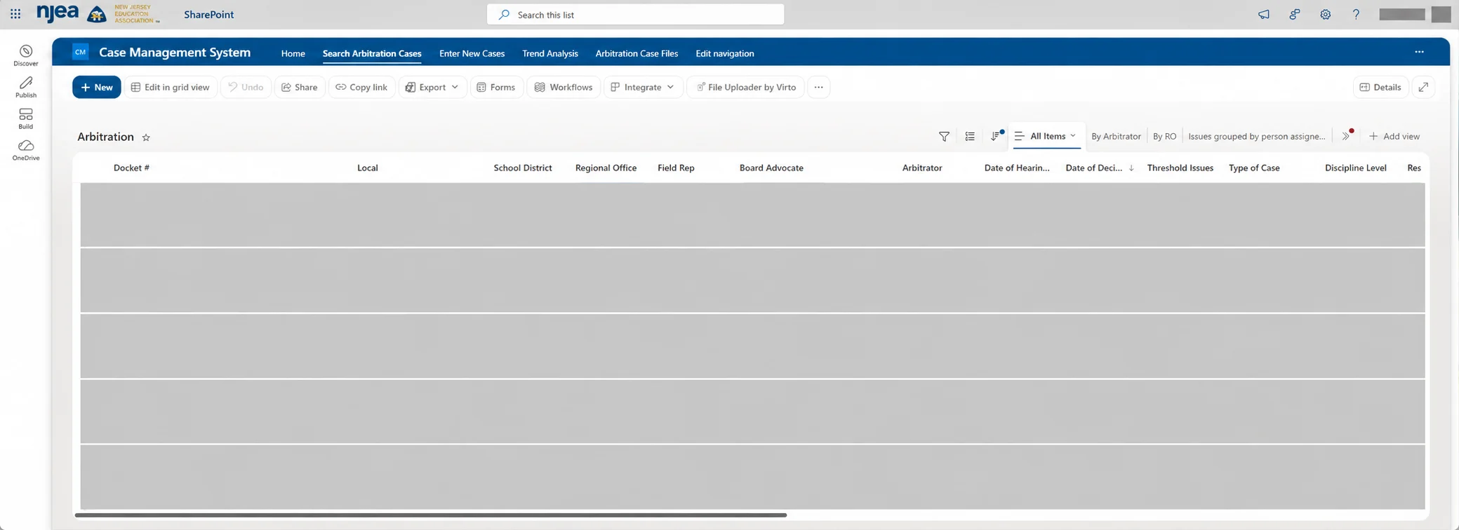 NJEA SharePoint case-management interface showing search and column structure; all case rows and account identity redacted.