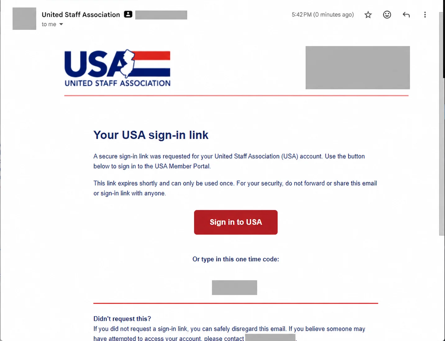 USA branded sign-in email with one-time code, officer names and email addresses redacted.